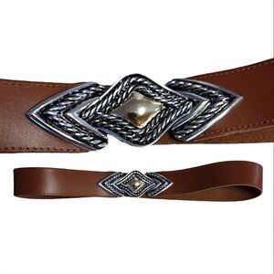 Vintage Brown Leather Silver Gold Buckle Adjustable Belt Small